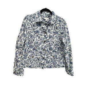 Charter Club Petite Women's  Blue White Button Up Floral Shirt Jacket Size M